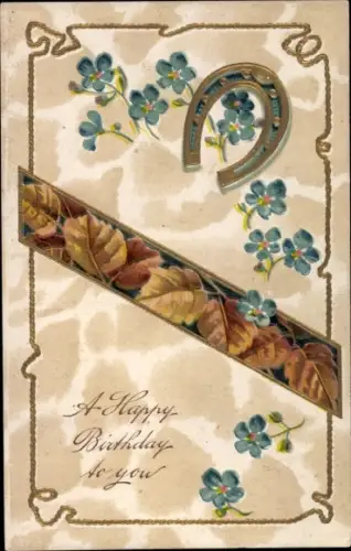Präge Litho Glückwunsch Geburtstag, Hufeisen, Vergissmeinnicht, Herbstlaub