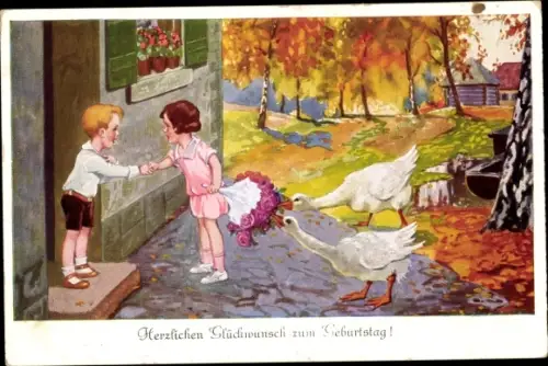 Ak Glückwunsch Geburtstag, Mädchen mit Blumenstrauß, Junge, Gänse