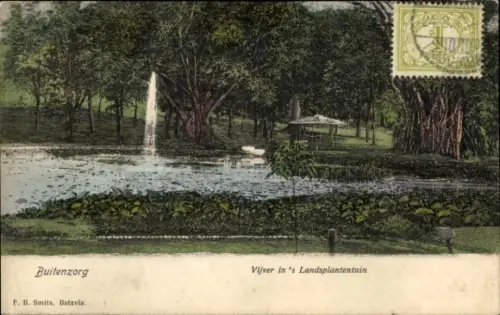 Ak Buitenzorg Bogor Java Indonesien, Buitenzorg, Vielfältige Landschaft, Teich, Bäume, Bühne