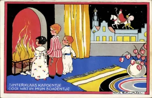 Künstler Ak Schnitzler, Nora, Frohe Weihnachten, Nikolaus, Kinder vor dem Kamin