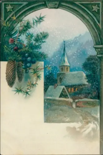 Glitzer Ak Tannenzweige, Tannenzapfen, Kirche
