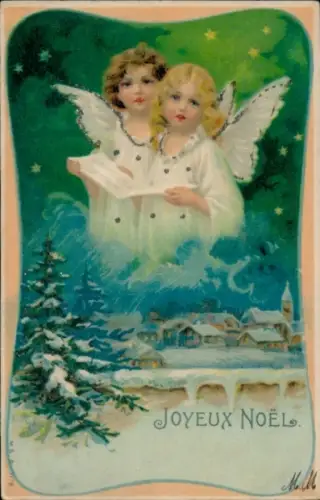Glitzer Litho Frohe Weihnachten, Engel, verschneites Dorf