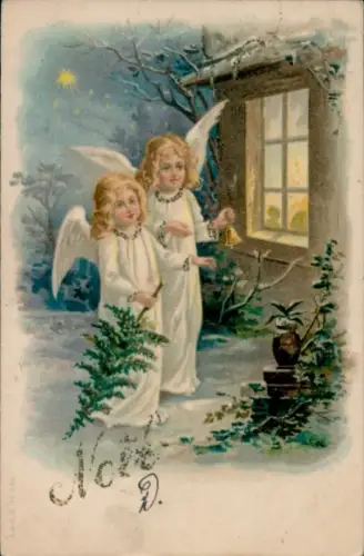 Glitzer Litho Frohe Weihnachten, Engel mit Glocke und Tannenbaum