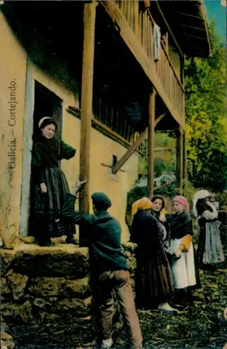 Ak Galicia Spanien, Mann wirbt um eine Frau, Trachten