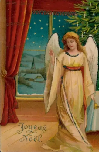 Glitzer Litho Frohe Weihnachten, Engel mit Glocke, Tannenbaum