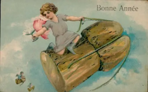Präge Ak Fröhliches Neujahr, Engel auf Sektkorken