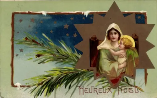 Litho Frohe Weihnachten, Maria mit Jesuskind, Stern, Tannenzweig
