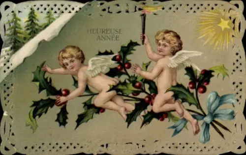 Präge Ak Fröhliches Neujahr, Engel, Stechpalmenzweig