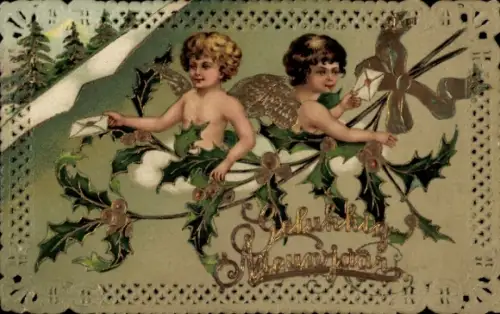 Präge Ak Fröhliches Neujahr, Engel, Stechpalmenzweige