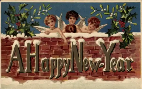 Präge Ak Fröhliches Neujahr, Engel, Stechpalmenzweige, Mistelzweige