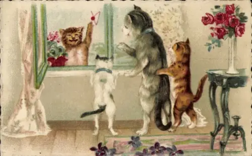 Ak Katzen am Fenster, Begrüßung, Blumen
