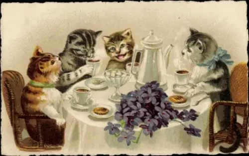 Ak Katzen am Tisch, Kaffee-Stunde, Blumen