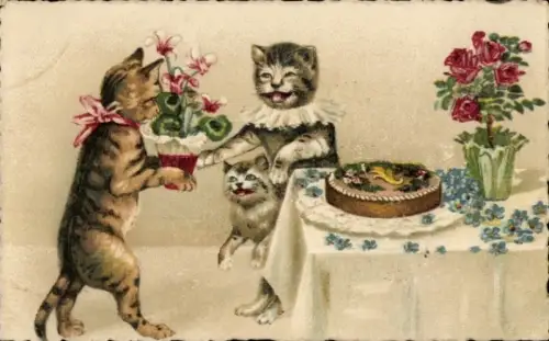 Ak Katze bringt Geschenk, Begrüßung, Kuchen