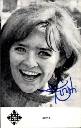 Ak Sängerin Kirsti, Portrait, Telefunken, Hör den Wind, Autogramm