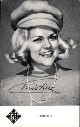 Autogrammkarte Sängerin Christine, Portrait mit Hut, Autogramm, Telefunken