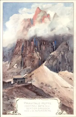 Künstler Ak Primiero St. Martin San Martino di Castrozza Trentino, Rifugio Pradidali, Pravitalehütte