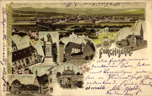 Litho Forchheim Oberfranken Bayern, Kirchen, Nürnberger Tor, Wappen, Marktplatz, Kriegerdenkmal