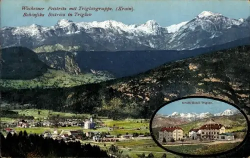Ak Bohinjska Bistrica Wocheiner Feistritz Slowenien, Gesamtansicht, Gross-Hotel Triglav, Gebirge