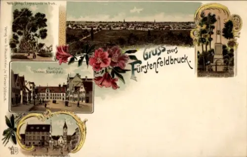 Litho Fürstenfeldbruck in Oberbayern, Gesamtansicht, Marktplatz, Linde, Denkmal