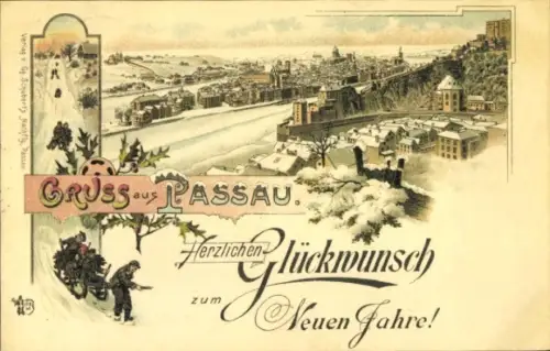 Winter Litho Passau in Niederbayern, Fröhliches Neujahr, Rodelbahn, Stadtpanorama