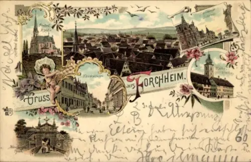 Litho Forchheim in Oberfranken Bayern, Protestantische Kirche, Kath. Kirche, Tor, Straße, Panorama