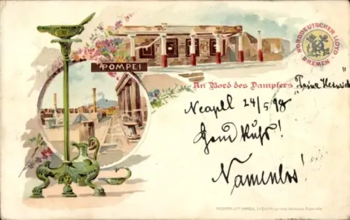Litho Pompei Campania, Ruinen, Kandelaber, Norddeutscher Lloyd Bremen