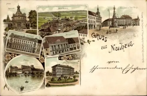 Litho Jindřichův Hradec Neuhaus Südböhmen, Rotunde, Schloss, Krankenhaus, Sparkasse, Ringplatz