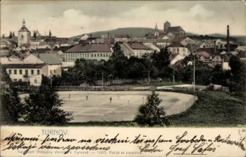 Ak Turnov Turnau Region Reichenberg, Gesamtansicht, Tennis