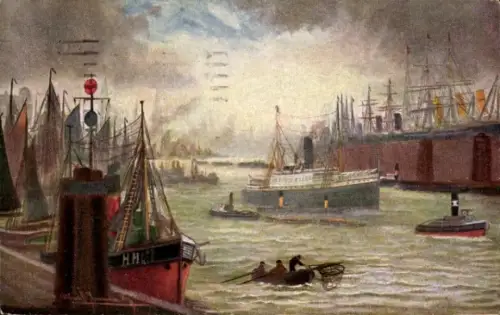 Künstler Ak Dampfschiff im Hafen, Segelschiffe, FED 402