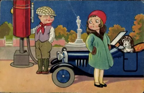 Ak Kinder an der Tankstelle, Auto, Hund