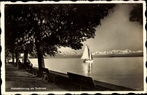 Ak Abendstimmung am Bodensee, Segelboot