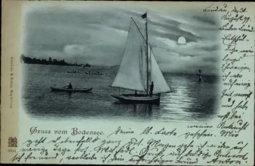 Mondschein Ak Bodensee, Segelboot, Ruderboot