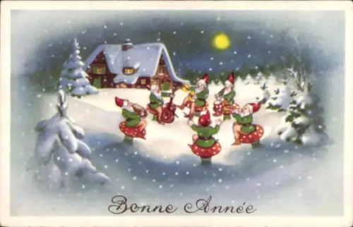 Ak Gutes Neujahr, musizierende Zwerge auf Fliegenpilzen