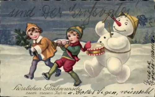 Ak Glückliches Neujahr, musizierende Kinder mit Schneemann