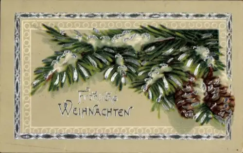 Ak Fröhliche Weihnachten, Tannenzapfen am Zweig