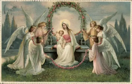 Ak Gesegnete Weihnachten, Engel, Maria mit Jesuskind