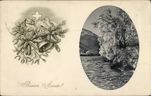 Ak Glückwunsch zum Neuen Jahr, Weide am Ufer, Glocke