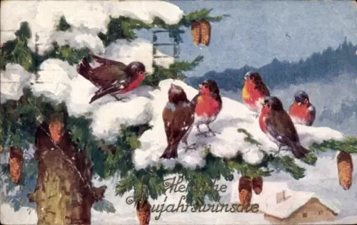 Ak Herzliche Neujahrswünsche, Rotkelchen auf Tanne