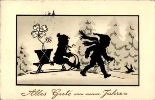 Scherenschnitt Ak Alles Gute zum neuen Jahres, Kinder mit Schlitten