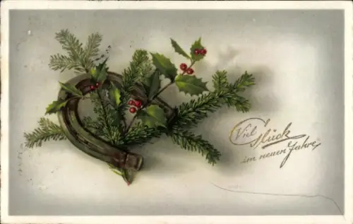 Ak Viel Glück im Neuen Jahre, Hufeisen, Stechpalme