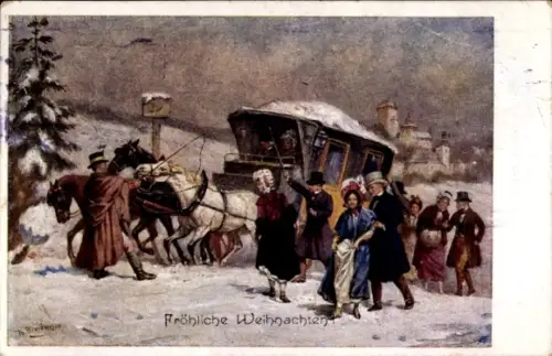 Künstler Ak Glückwunsch Weihnachten, Kutsche, Gesellschaft