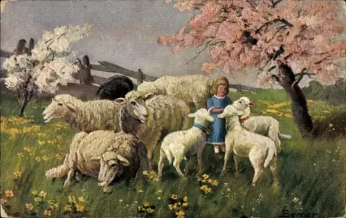 Künstler Ak Kind, Schafe, Wiese