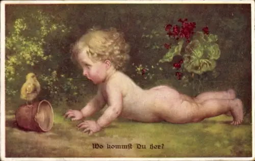 Ak Wo kommst du her?, Kind, Küken, Blumen