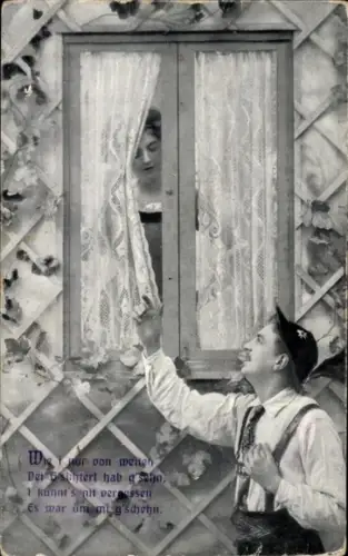 Ak Mann in Lederhose am Fenster seiner Liebsten