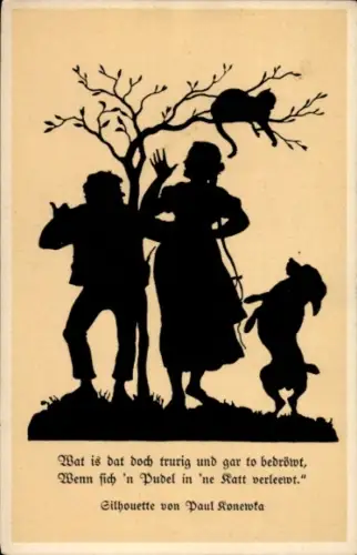 Scherenschnitt Künstler Ak Konewka, Paul, Katze, Pudel