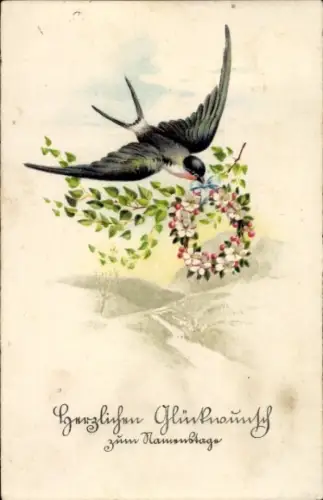 Ak Glückwunsch Namenstag, Schwalbe, Blumenkranz