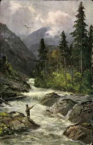 Künstler Ak Müller, Angler an einem Gebirgsfluss
