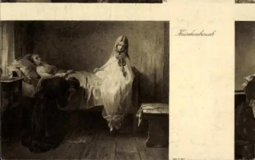 Künstler Ak Kränkenbesuch, Kranker Junge im Bett, Geigenspielerin