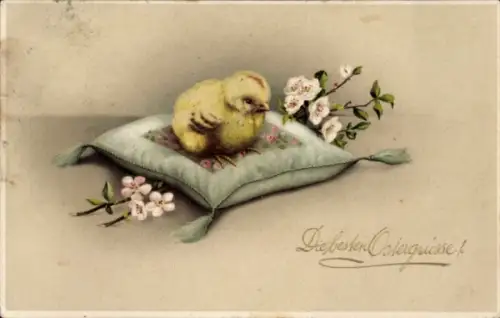 Ak Glückwunsch Ostern, Küken auf einem Kissen, Blütenzweige
