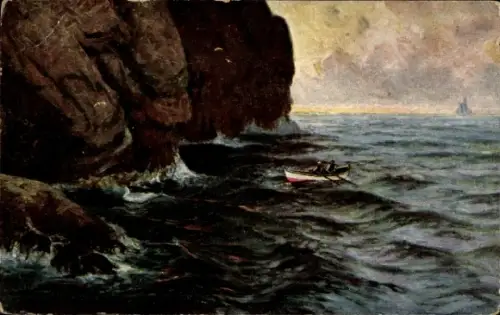 Künstler Ak Boot an einer felsigen Küste